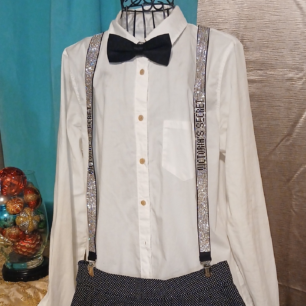 Victoria's Secret White Shirt with Black Bow Tie and Silver Suspenders